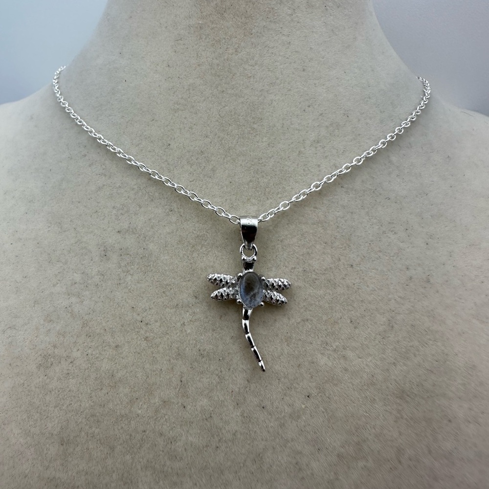 Silver Moonstone Dragonfly Pendant Necklace on Silver Plated Box Chain - Picture 9 of 12